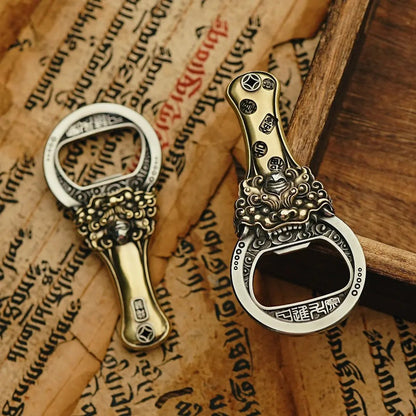 "Daily Gold Ingot" Pi Xiu Mythical Creature Brass Bottle Opener - Antique Chinese Style Fortune Talisman & Desktop Worry Stone Tao Stones
