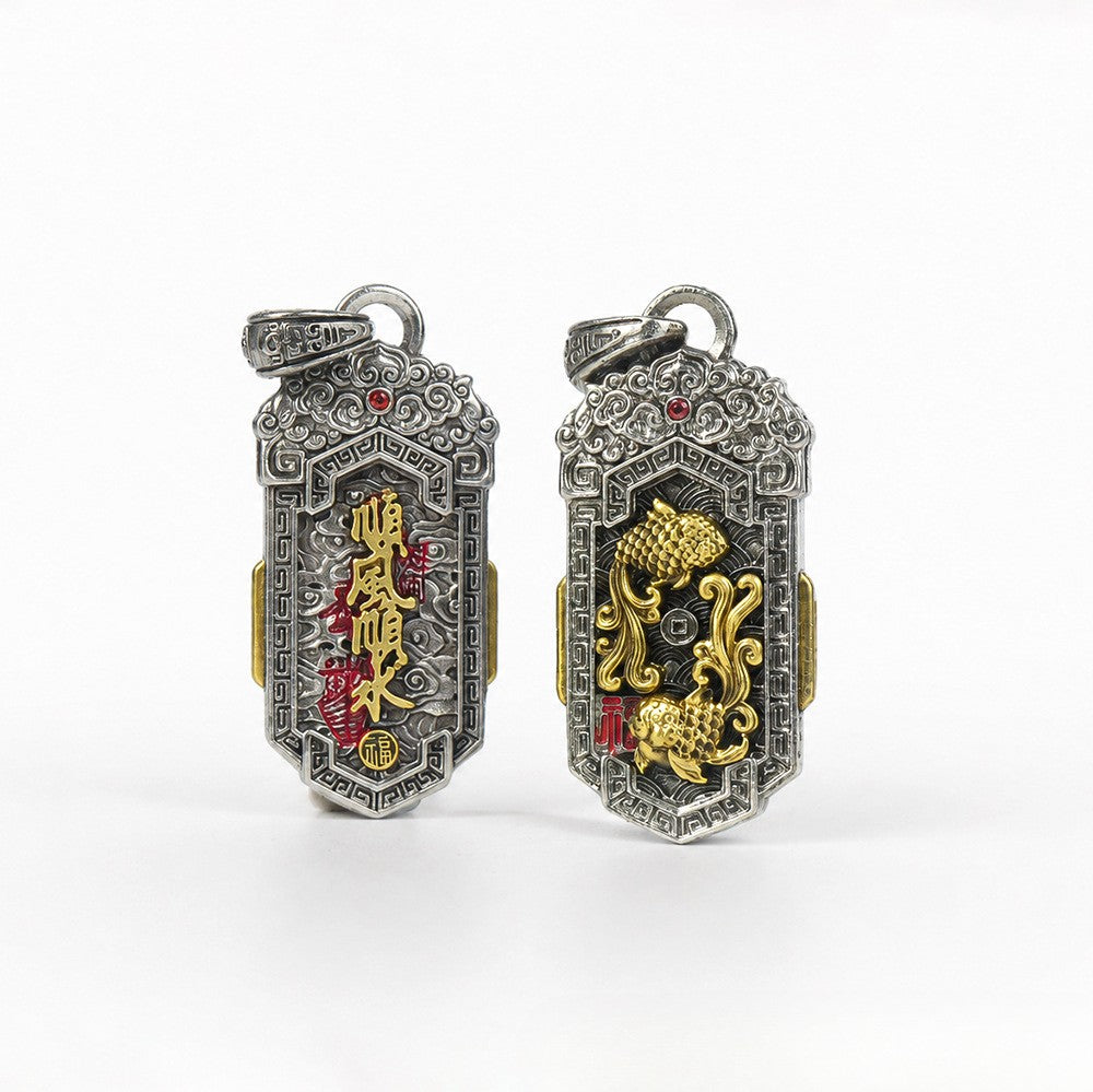 Two Tao Stones double koi copper pendants shown side by side on white background — front koi fish side and back calligraphy side, featuring gold-tone fish, red enamel, and thunder pattern border