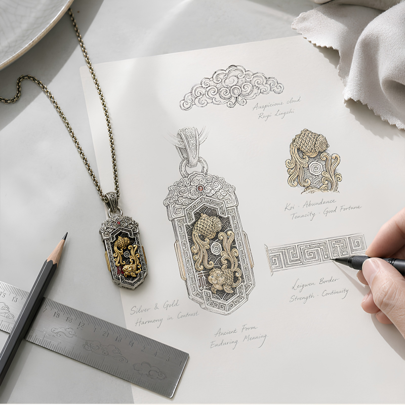 Finished double koi copper pendant placed beside its hand-drawn design sketch with annotated calligraphy notes, showing the jewelry design process from concept to crafted piece