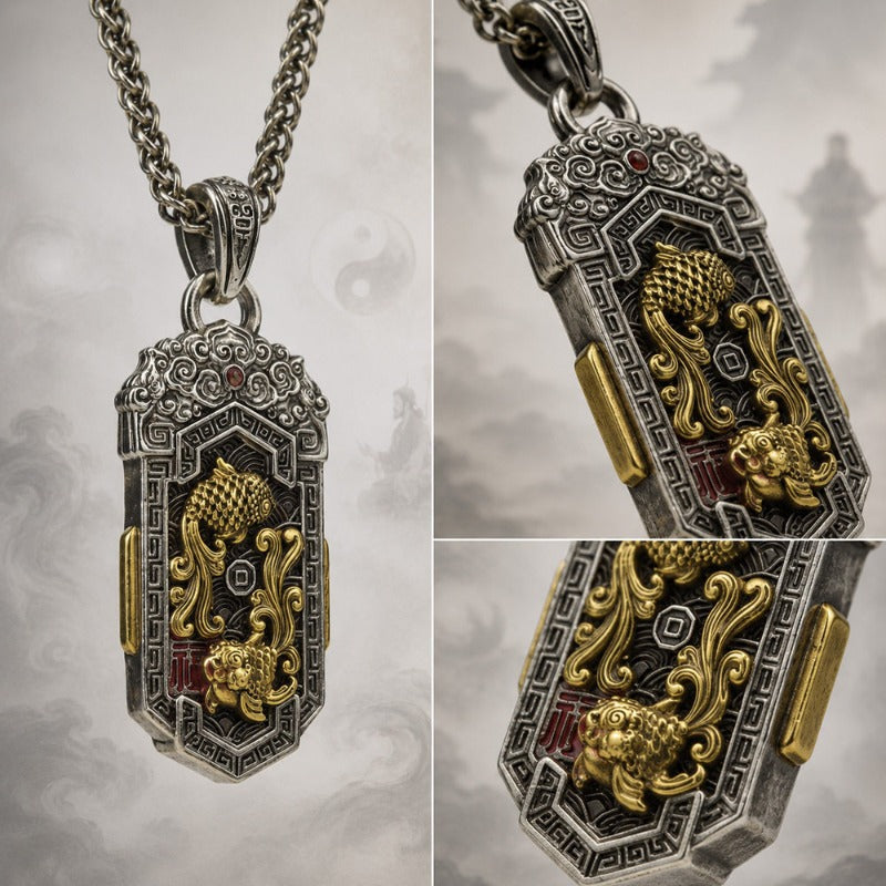Multi-angle closeup views of the double koi copper pendant showing carved details of the gold koi fish, scaled textures, and thunder pattern border against a misty cloud background