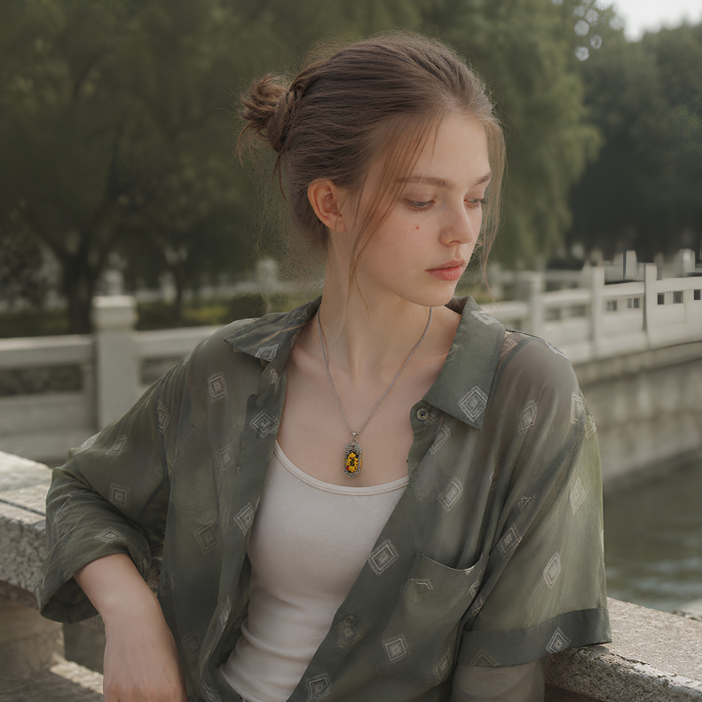 Outdoor lifestyle shot of a model wearing the double koi copper pendant at a traditional waterside pavilion, with the gold koi fish visible against a green natural backdrop