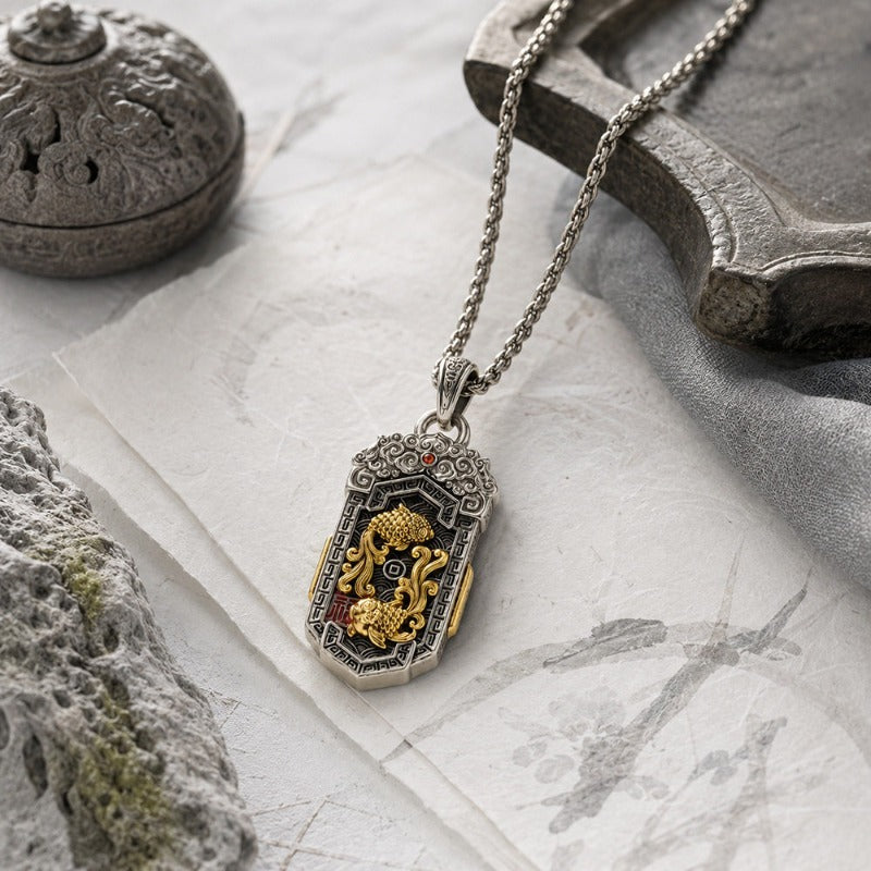 Double koi copper pendant displayed on a traditional Chinese styled setting with incense burner, ink stone, and bamboo artwork — showing the gold koi fish side with silver chain