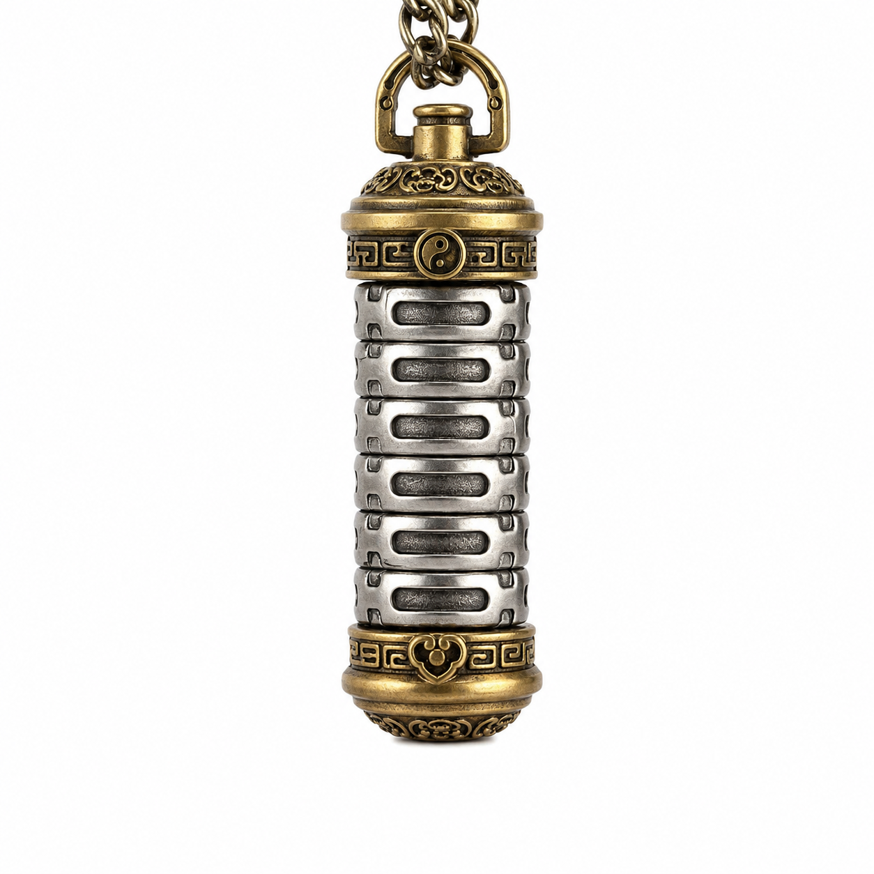 Revolving Mantra copper pendant necklace with antiqued brass end caps, yin-yang symbol, six rotatable silver trigram rings, and ruyi motif — full product view on white background
