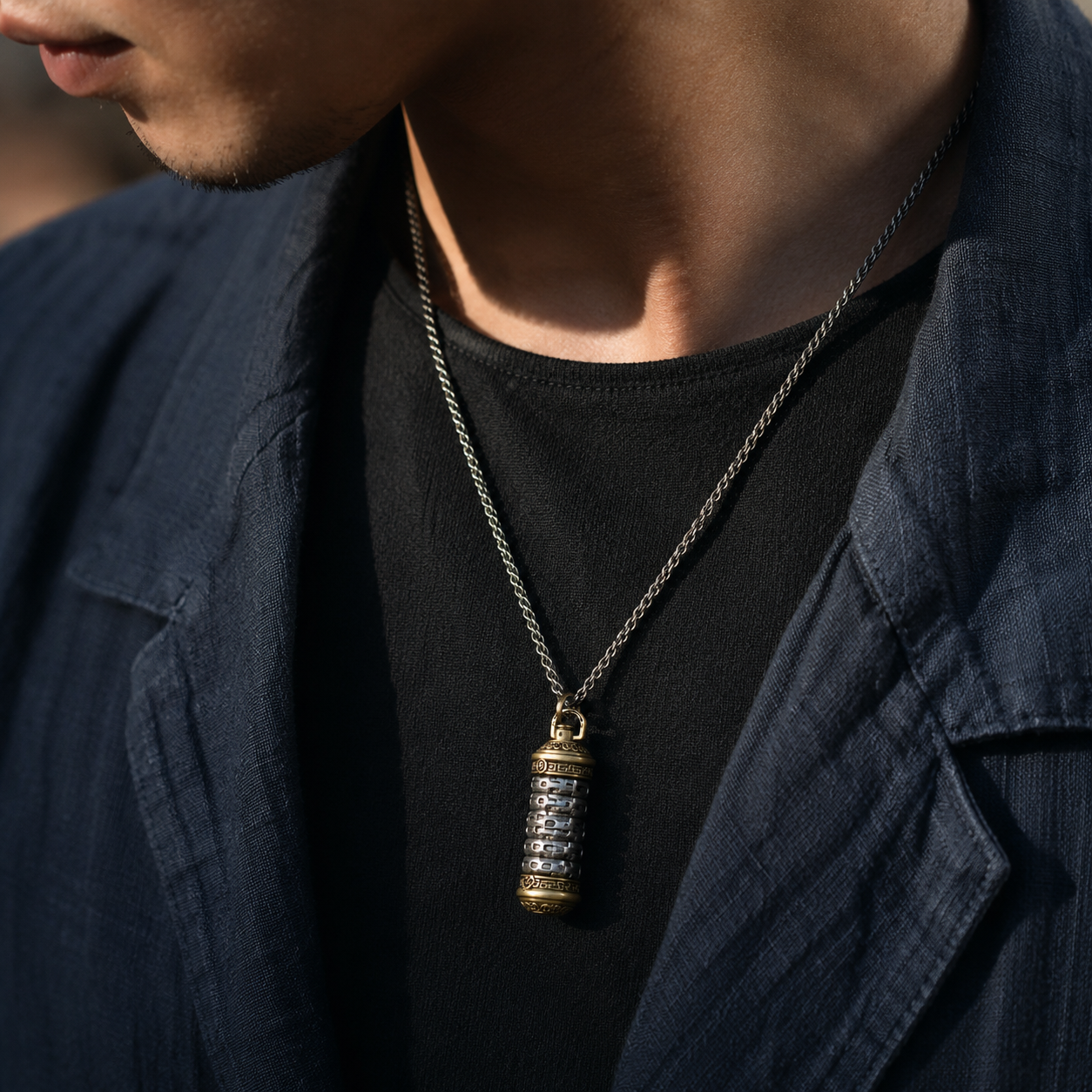 Revolving Mantra pendant necklace worn with a dark blazer, close-up detail showing the two-tone brass and silver pendant against layered black apparel