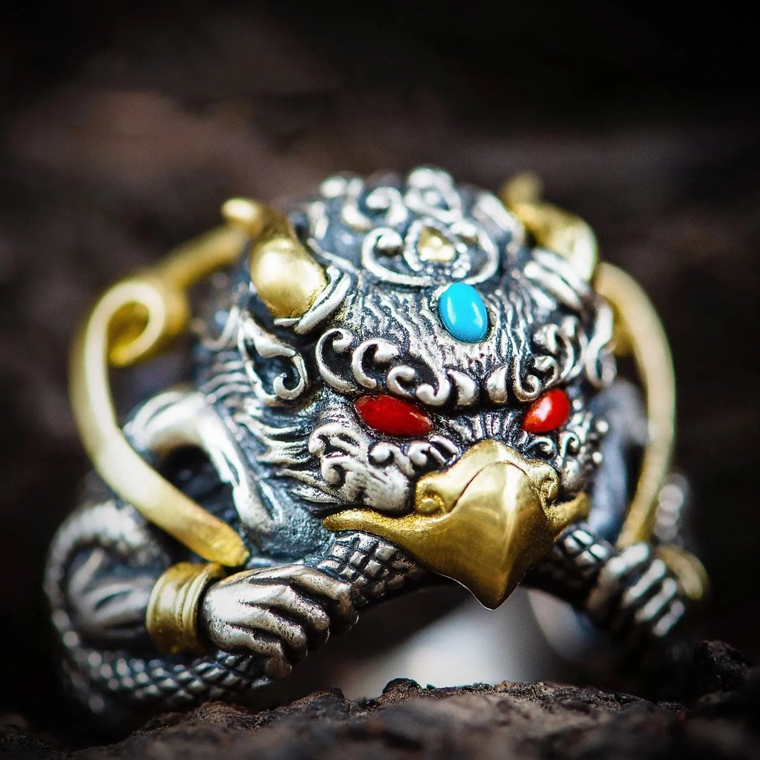Tao Stones Garuda Phoenix Brass Ring with Gemstone