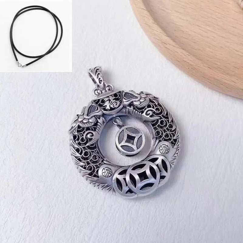 Tao Stones Silver Double Dragon Health & Blessing Pendant Necklace