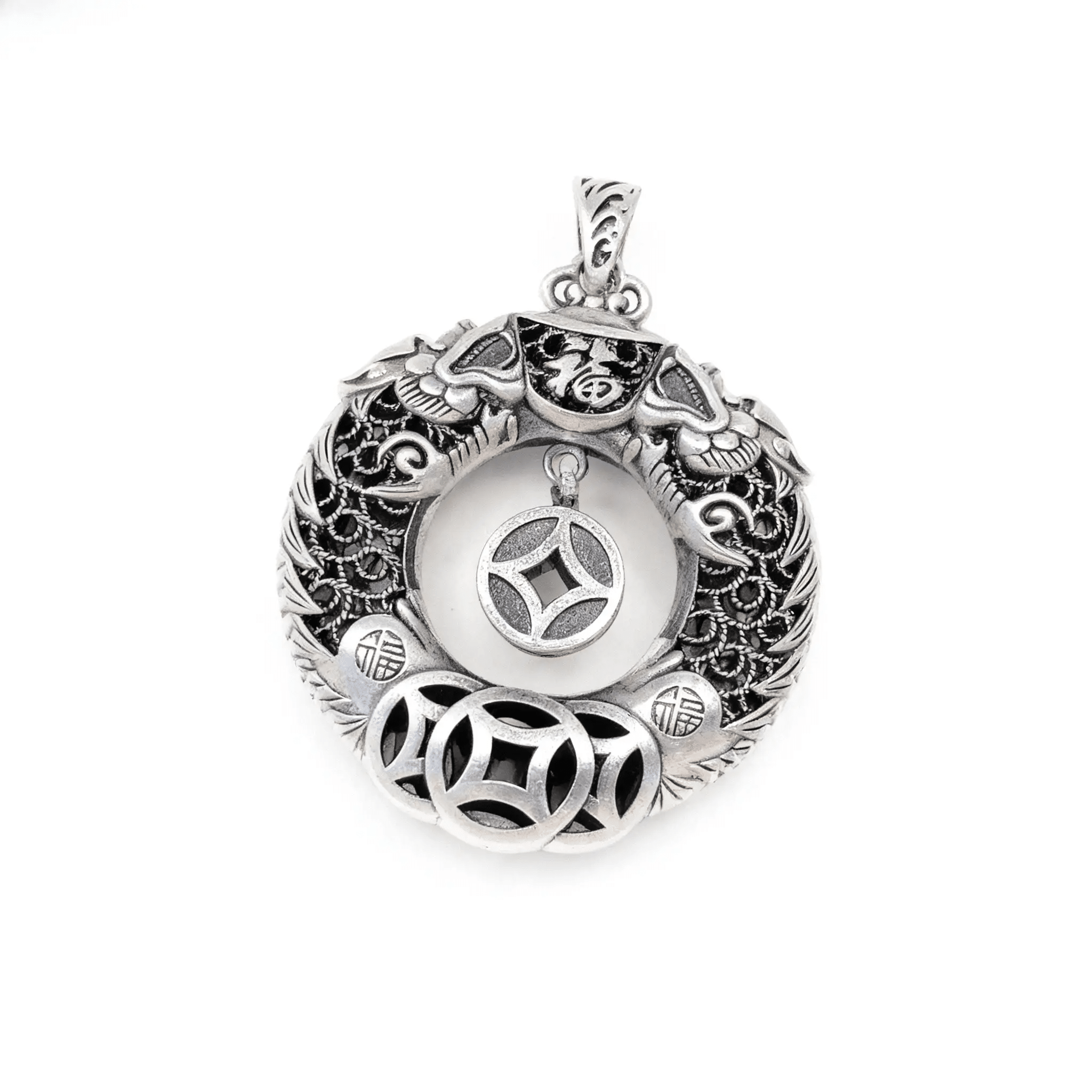 Tao Stones Silver Double Dragon Health & Blessing Pendant Necklace