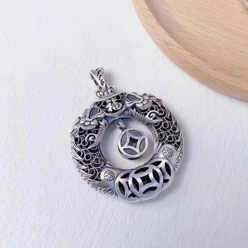 Tao Stones Silver Double Dragon Health & Blessing Pendant Necklace