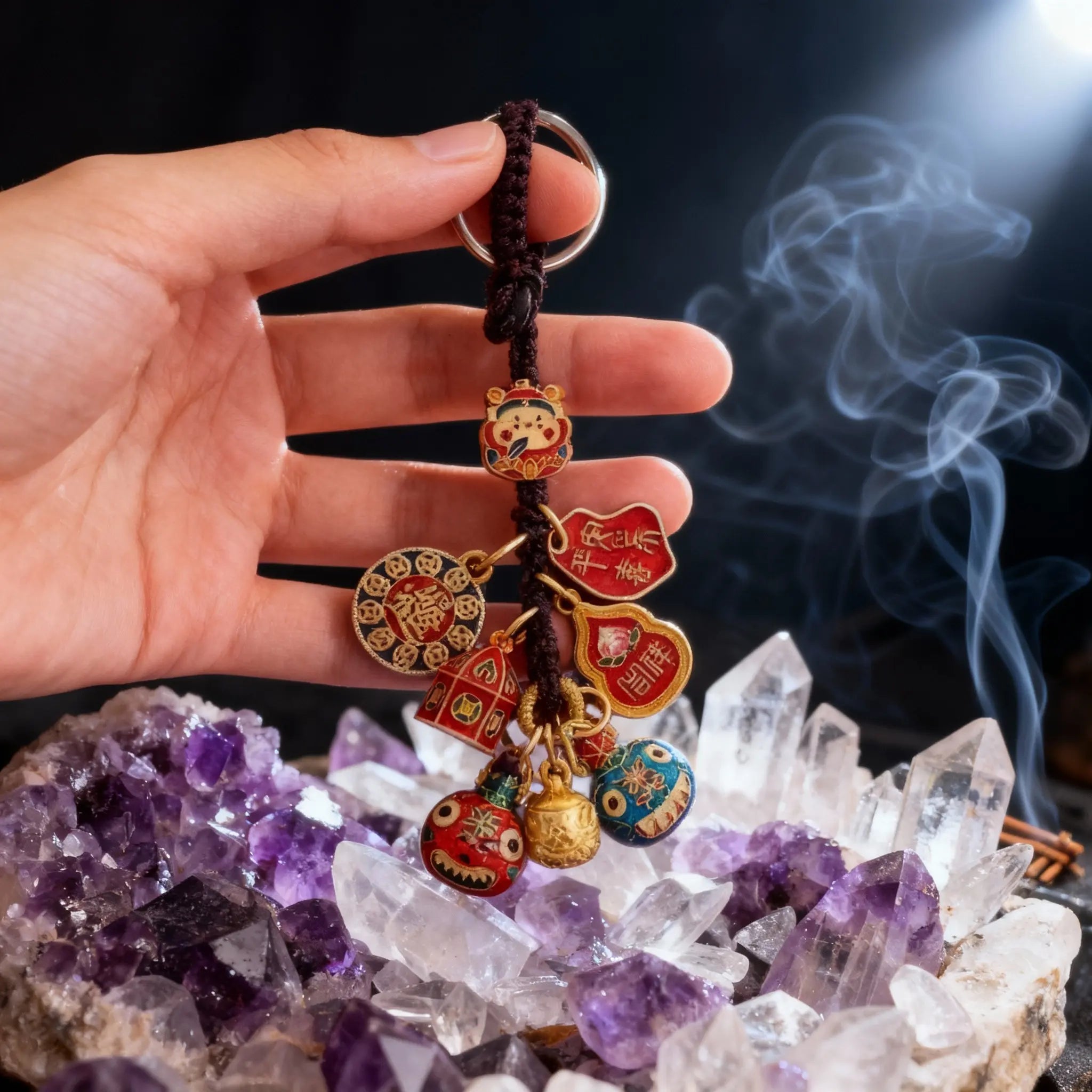 Tao Stones Wealth Trinity Copper Keychain – God of Fortune & Gold Guardian